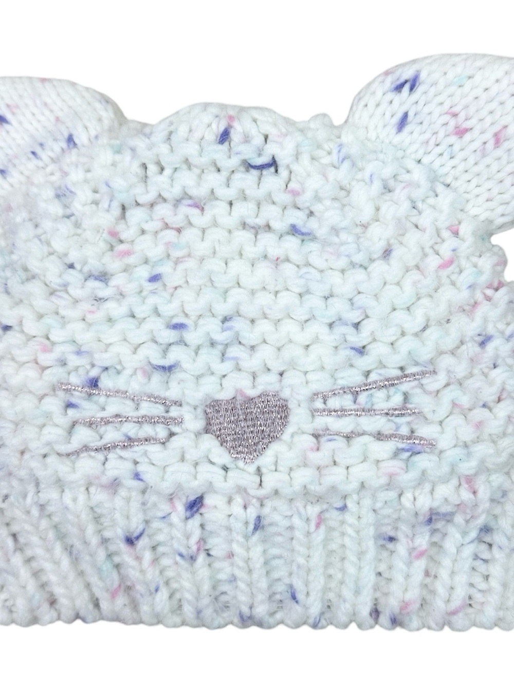 Baby Gap White Speckled Knit Beanie with Pink Heart and Ear Accents